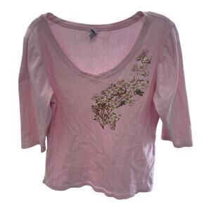 Kavio Deep V Neck Medium Pink Yosemite National Park Floral 3/4 Sleeve Shirt